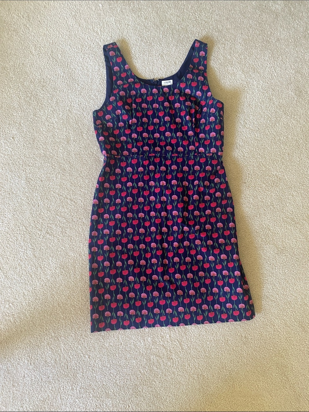 J. Crew Navy Shift Dress with Pink Tulip Pattern
